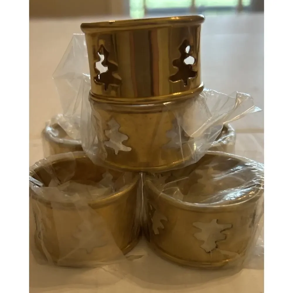 Vtg Brass Christmas Tree Napkin Rings set of 6 Dining‎ Table Linen Decor Holiday
